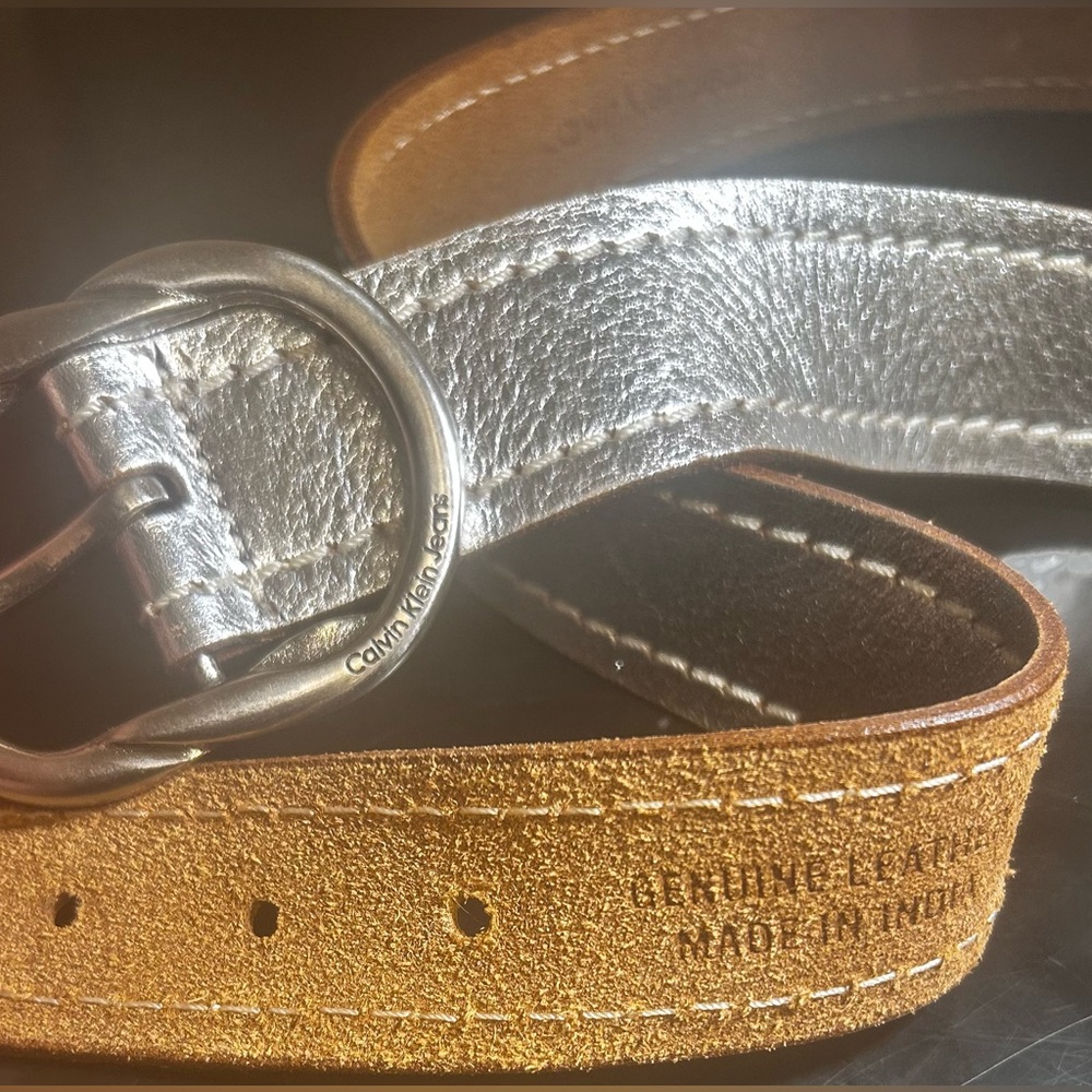 *SALE*Calvin Klein Metallic Silver and Tan Genuine Leather Belt